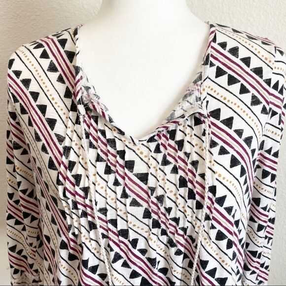 LUCKY Brand Geometic Print Top Women's L Tassel 3/4 Sleeve Boho Pin Tuck - Picture 3 of 7